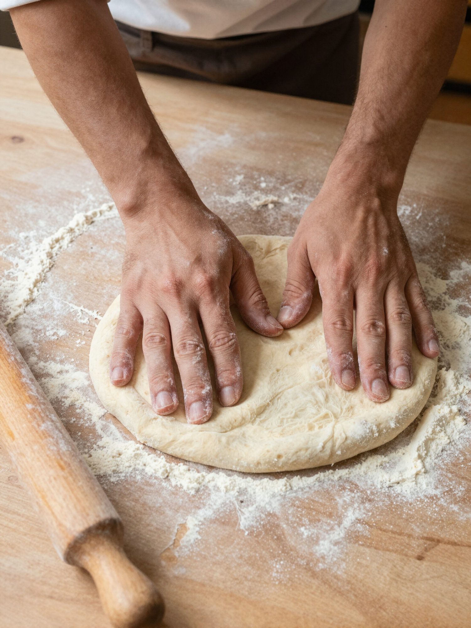 Hands pressing fresh pizza dough on a floured wooden table